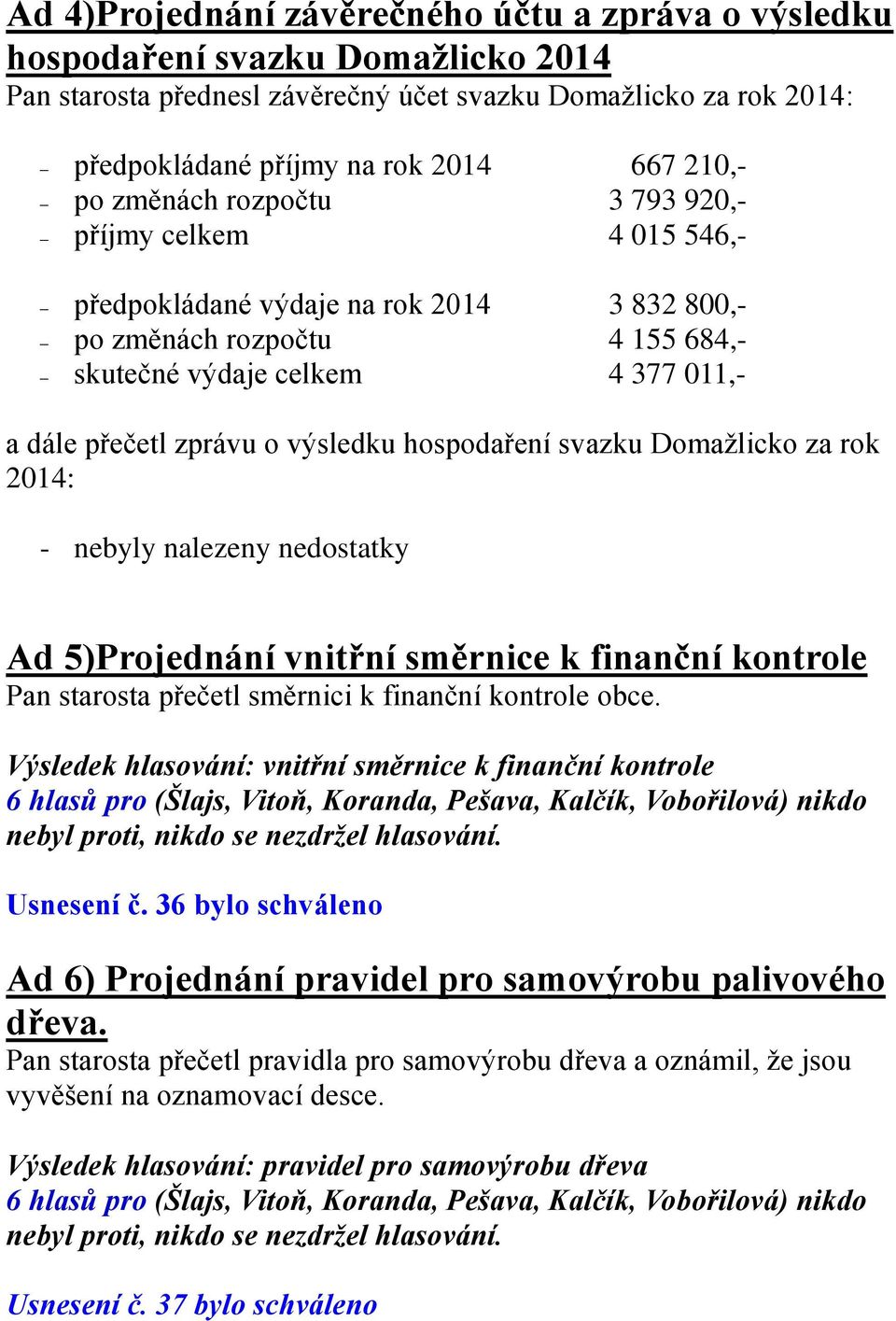 výsledku hospodaření svazku Domažlicko za rok 2014: - nebyly nalezeny nedostatky Ad 5)Projednání vnitřní směrnice k finanční kontrole Pan starosta přečetl směrnici k finanční kontrole obce.