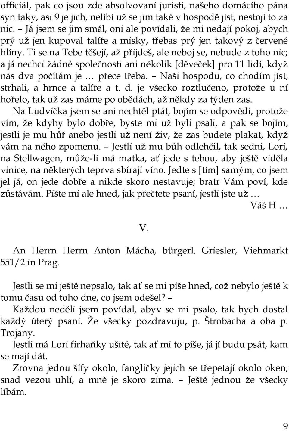 Ti se na Tebe těšejí, aţ přijdeš, ale neboj se, nebude z toho nic; a já nechci ţádné společnosti ani několik [děveček] pro 11 lidí, kdyţ nás dva počítám je přece třeba.