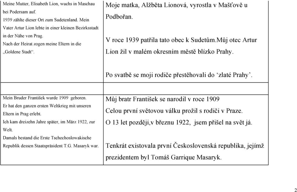 Můj otec Artur Lion žil v malém okresním městě blízko Prahy. Po svatbě se moji rodiče přestěhovali do zlaté Prahy. Mein Bruder František wurde 1909 geboren.