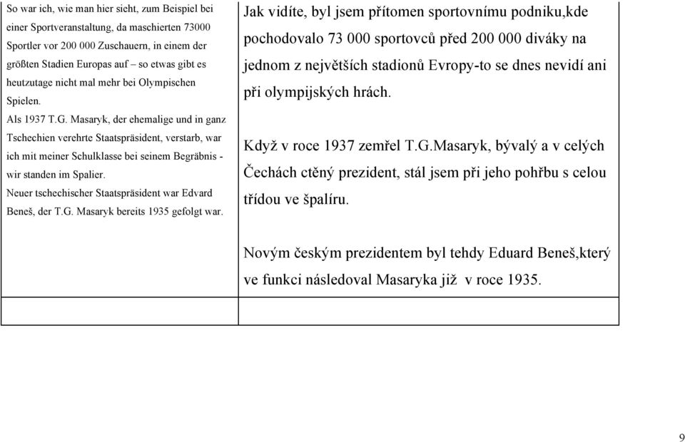 Masaryk, der ehemalige und in ganz Tschechien verehrte Staatspräsident, verstarb, war ich mit meiner Schulklasse bei seinem Begräbnis - wir standen im Spalier.