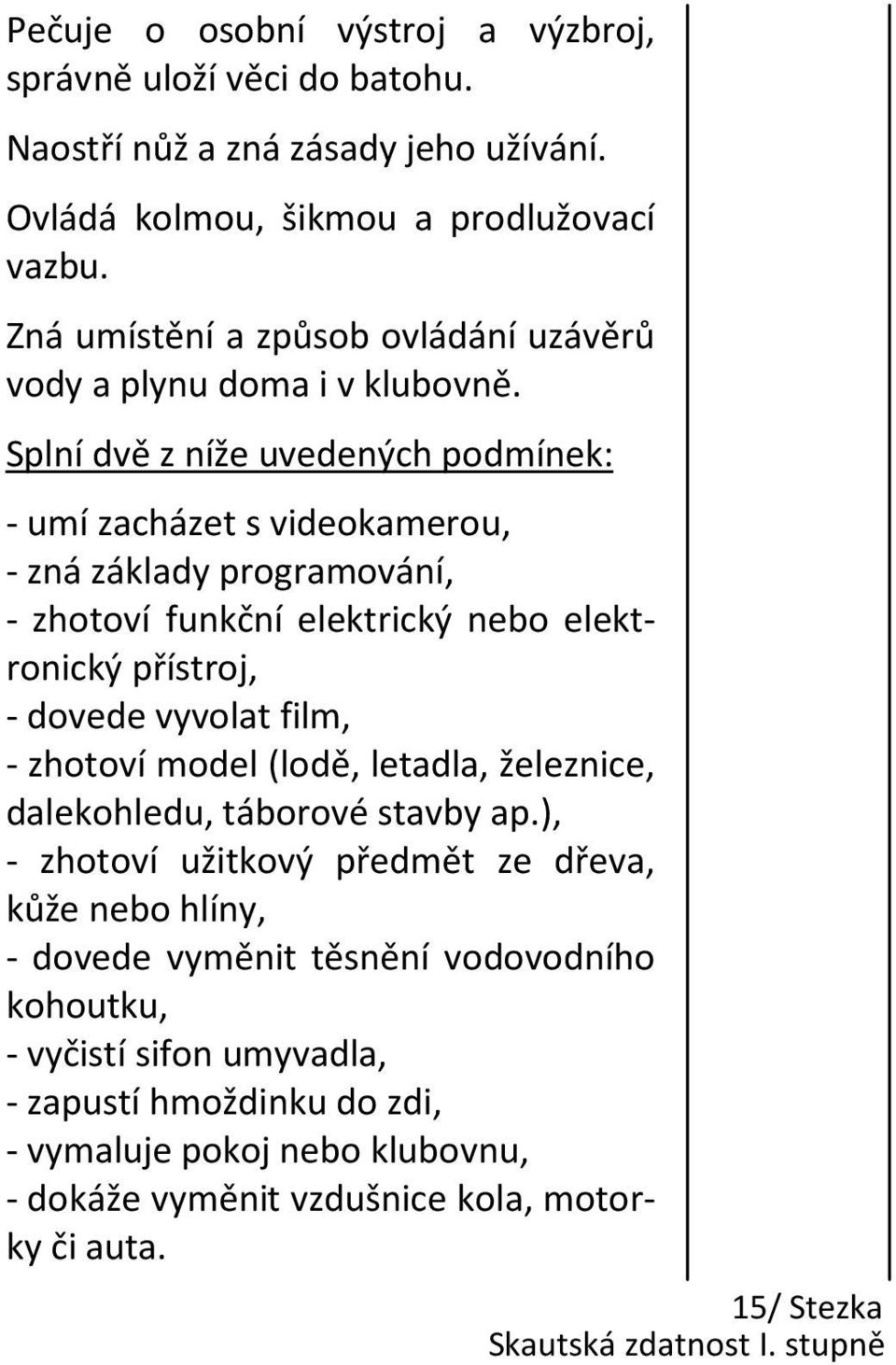 Splní dvě z níže uvedených podmínek: - umí zacházet s videokamerou, - zná základy programování, - zhotoví funkční elektrický nebo elektronický přístroj, - dovede vyvolat film, - zhotoví