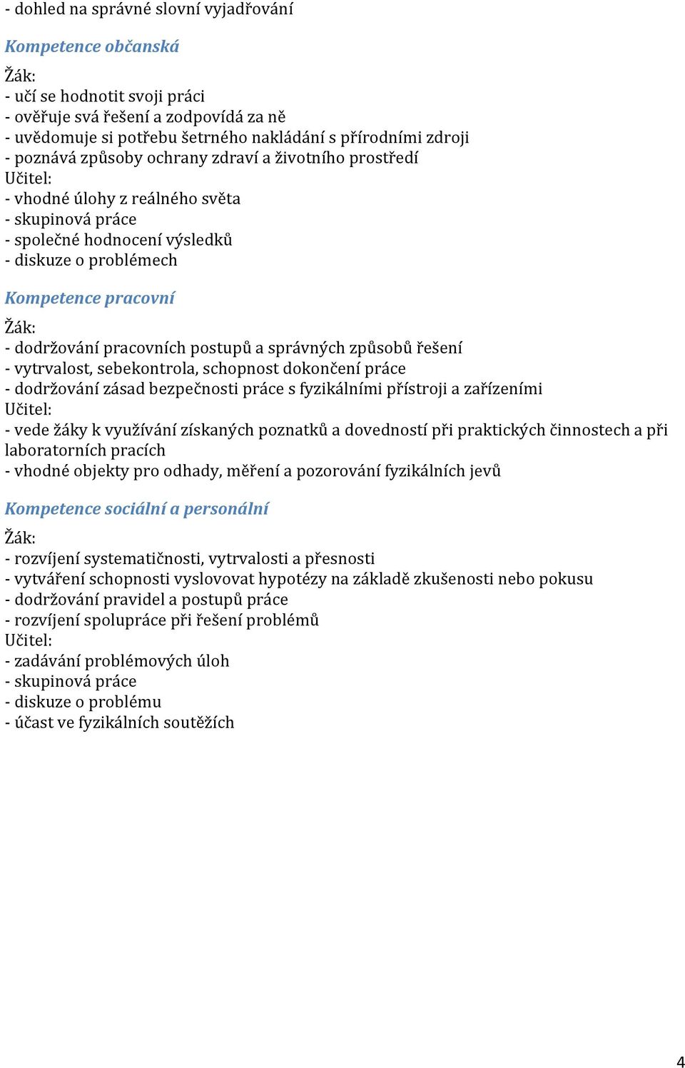 dodržování pracovních postupů a správných způsobů řešení - vytrvalost, sebekontrola, schopnost dokončení práce - dodržování zásad bezpečnosti práce s fyzikálními přístroji a zařízeními Učitel: - vede