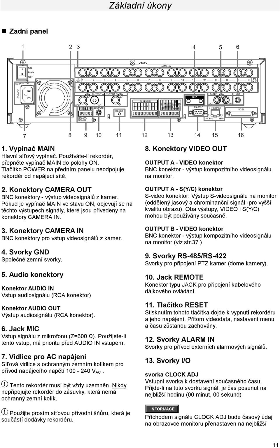 Konektory CAMERA IN BNC konektory pro vstup videosignálů z kamer. 4. Svorky GND Společné zemní svorky. 5.