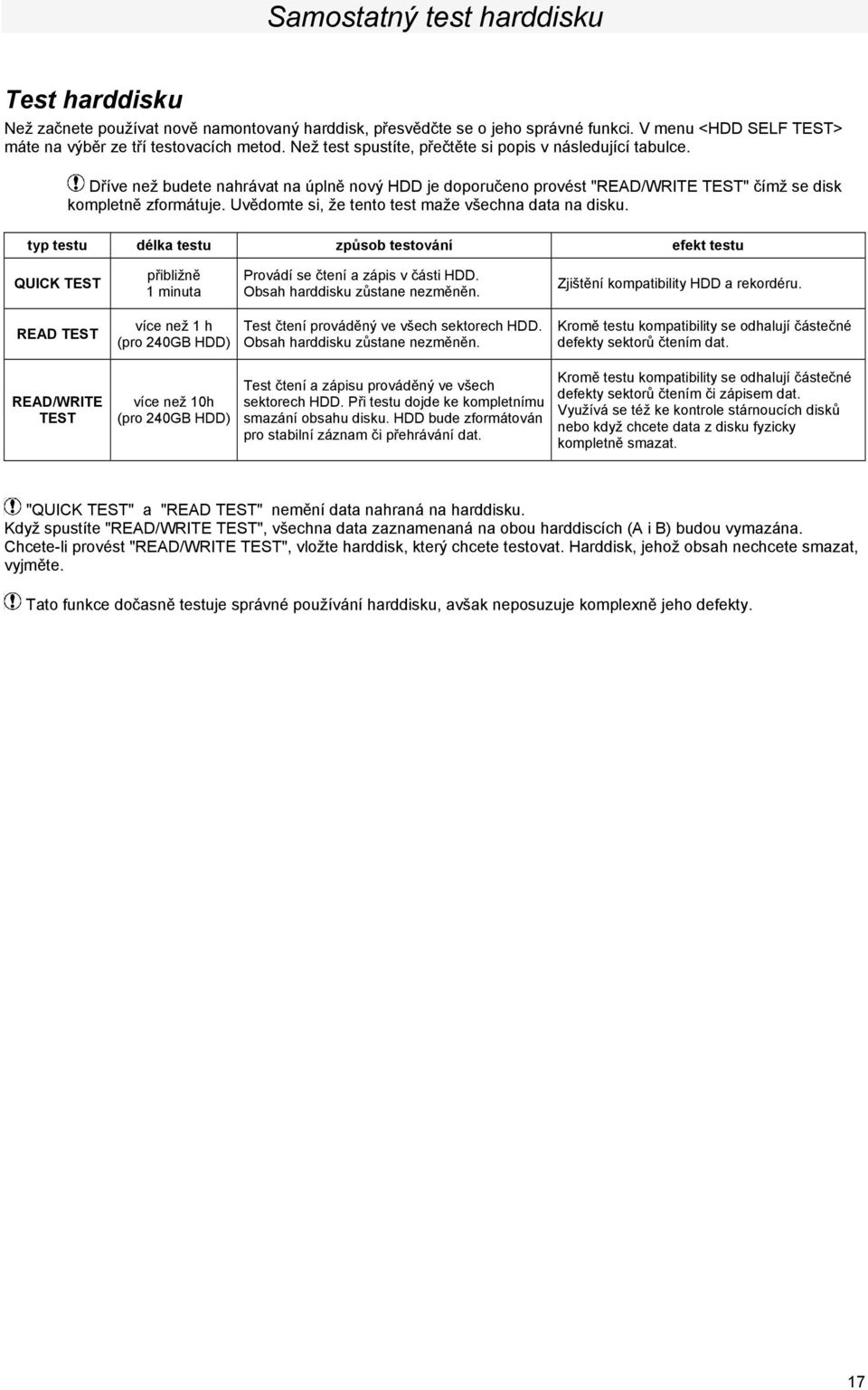 Uvědomte si, že tento test maže všechna data na disku. typ testu délka testu způsob testování efekt testu QUICK TEST přibližně 1 minuta Provádí se čtení a zápis v části HDD.