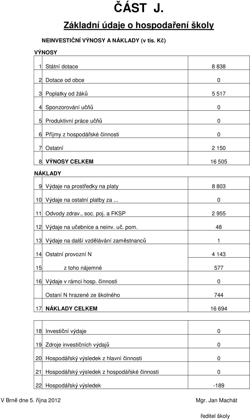 NÁKLADY 9 Výdaje na prostředky na platy 8 803 10 Výdaje na ostatní platby za... 0 11 Odvody zdrav., soc. poj. a FKSP 2 955 12 Výdaje na učebnice a neinv. uč. pom.