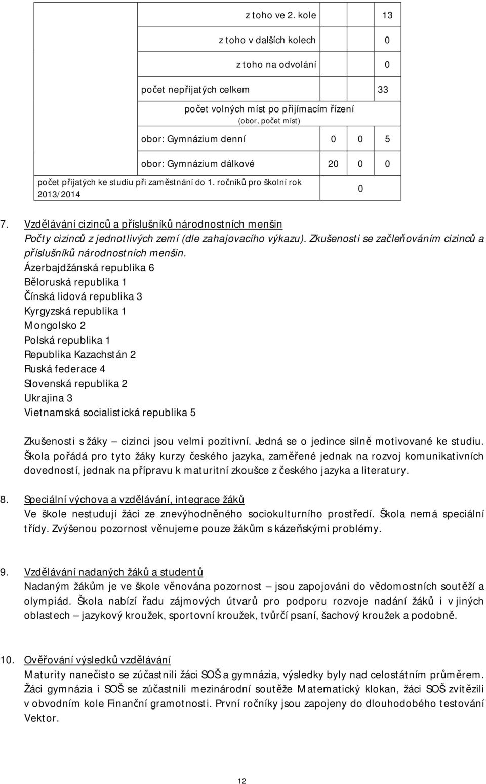 studiu při zaměstnání do 1. ročníků pro školní rok 2013/2014 0 7. Vzdělávání cizinců a příslušníků národnostních menšin Počty cizinců z jednotlivých zemí (dle zahajovacího výkazu).