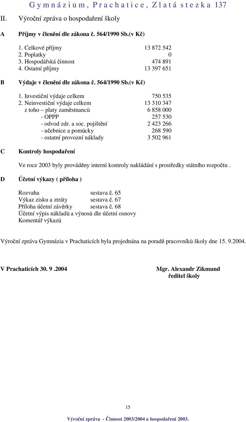 Neinvestiní výdaje celkem 13 310 347 z toho platy zamstnanc 6 858 000 - OPPP 257 530 - odvod zdr. a soc.