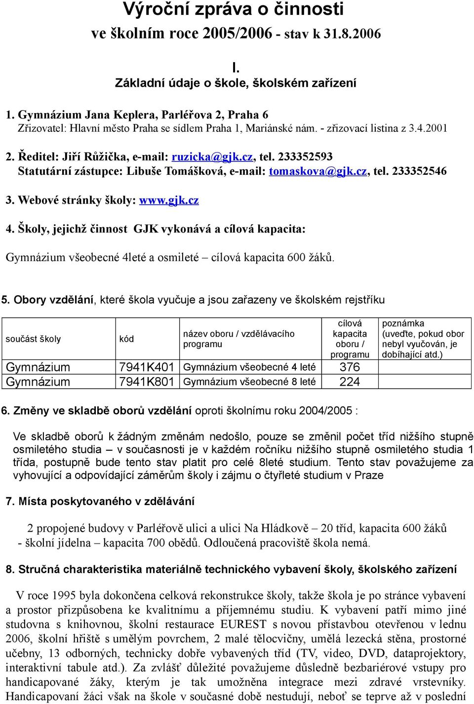 233352593 Statutární zástupce: Libuše Tomášková, e-mail: tomaskova @gjk.cz, tel. 233352546 3. Webové stránky školy: www.gjk.cz 4.