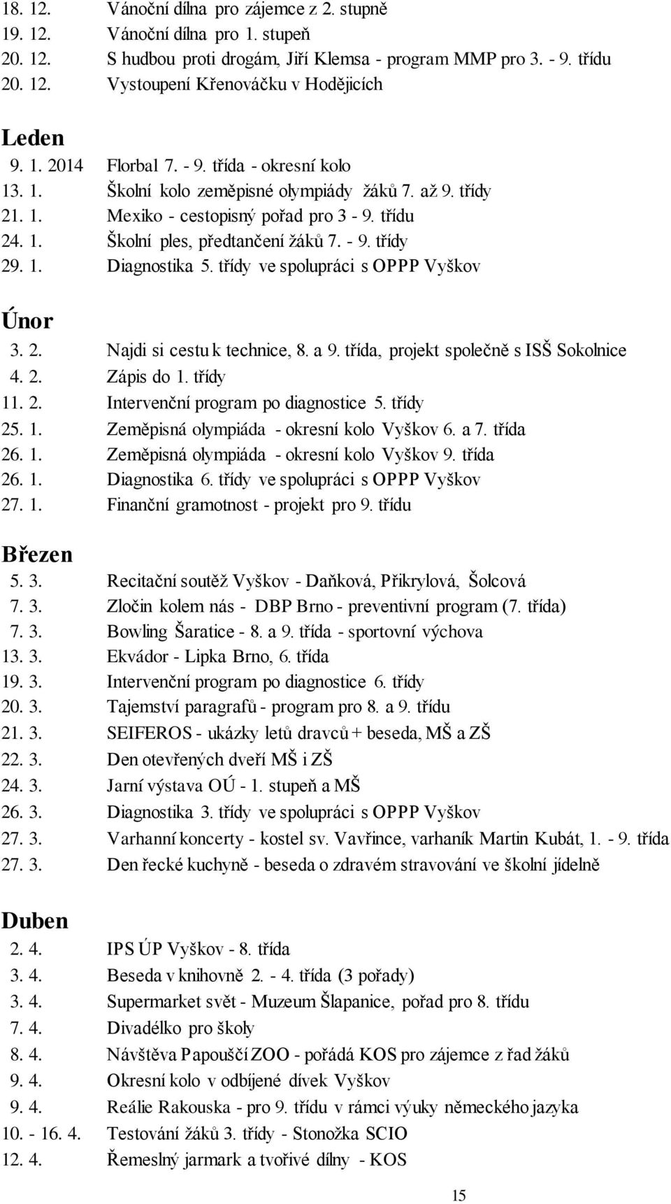 1. Diagnostika 5. třídy ve spolupráci s OPPP Vyškov Únor 3. 2. Najdi si cestu k technice, 8. a 9. třída, projekt společně s ISŠ Sokolnice 4. 2. Zápis do 1. třídy 11. 2. Intervenční program po diagnostice 5.