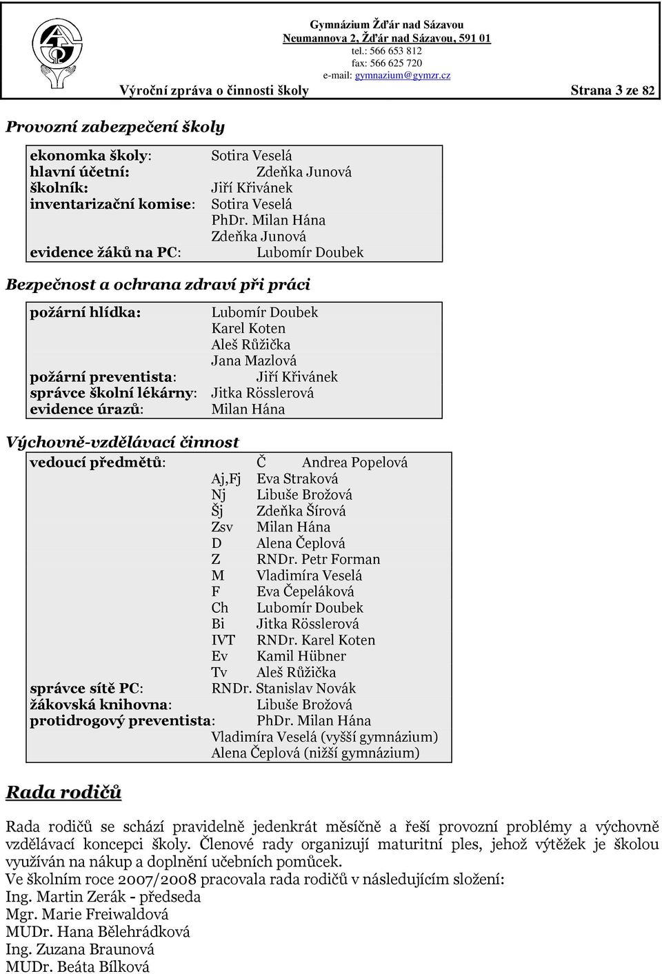 Milan Hána Zdeňka Junová Lubomír Doubek Bezpečnost a ochrana zdraví při práci poţární hlídka: Lubomír Doubek Karel Koten Aleš Růţička Jana Mazlová poţární preventista: Jiří Křivánek správce školní