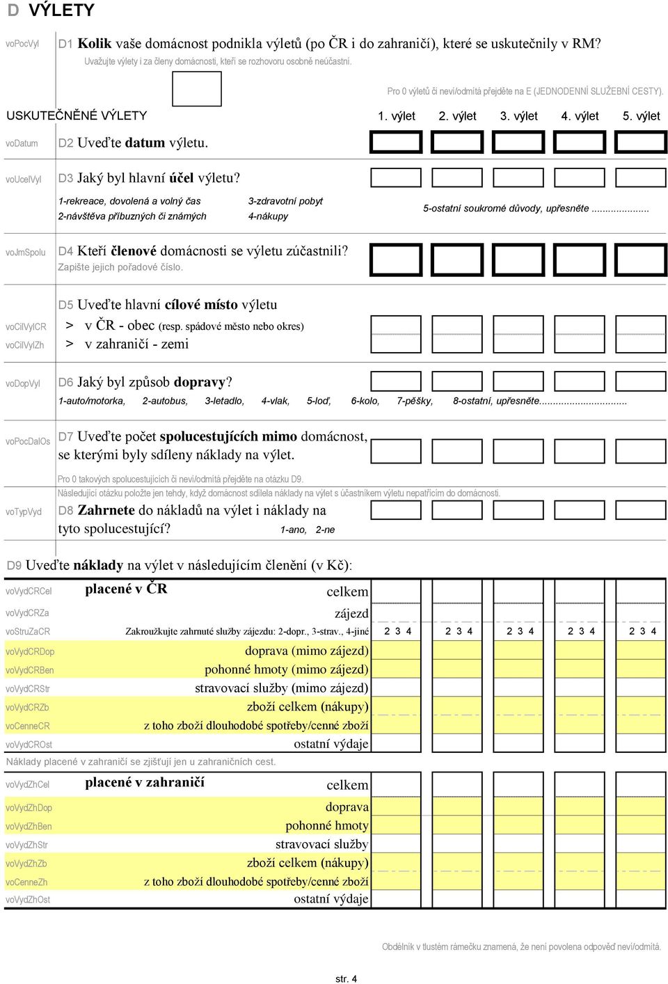 D3 Jaký byl hlavní účel výletu? 5-ostatní soukromé důvody, upřesněte... vojmspolu D4 Kteří členové domácnosti se výletu zúčastnili? Zapište jejich pořadové číslo.