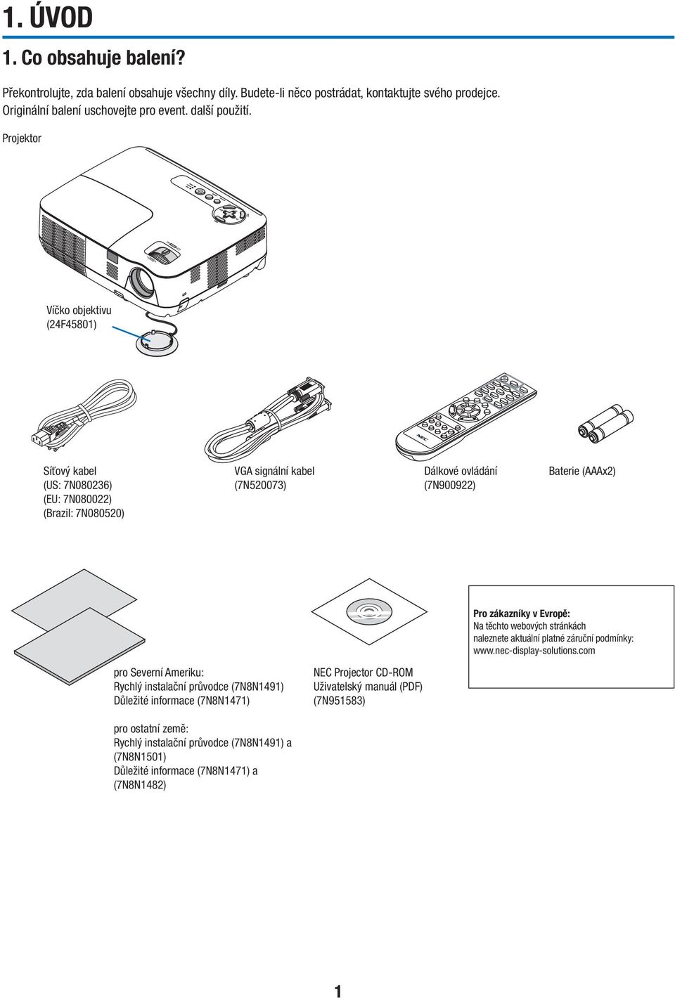 Projektor Víčko objektivu (24F45801) Síťový kabel (US: 7N080236) (EU: 7N080022) (Brazil: 7N080520) VGA signální kabel (7N520073) Dálkové ovládání (7N900922) Baterie (AAAx2) Pro zákazníky