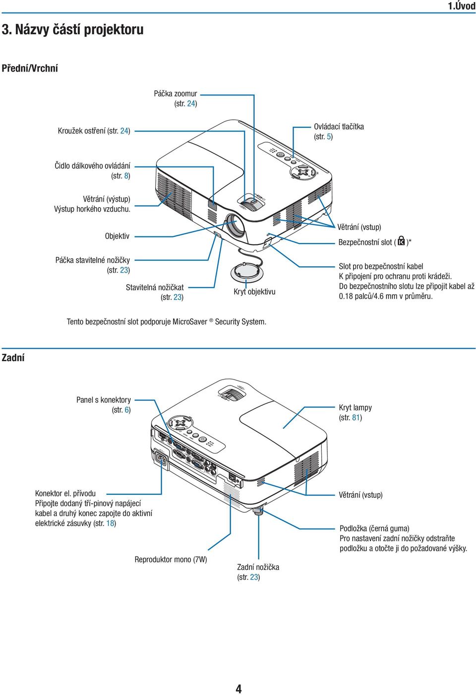 Do bezpečnostního slotu lze připojit kabel až 0.18 palců/4.6 mm v průměru. Tento bezpečnostní slot podporuje MicroSaver Security System. Zadní Panel s konektory (str. 6) Kryt lampy (str.