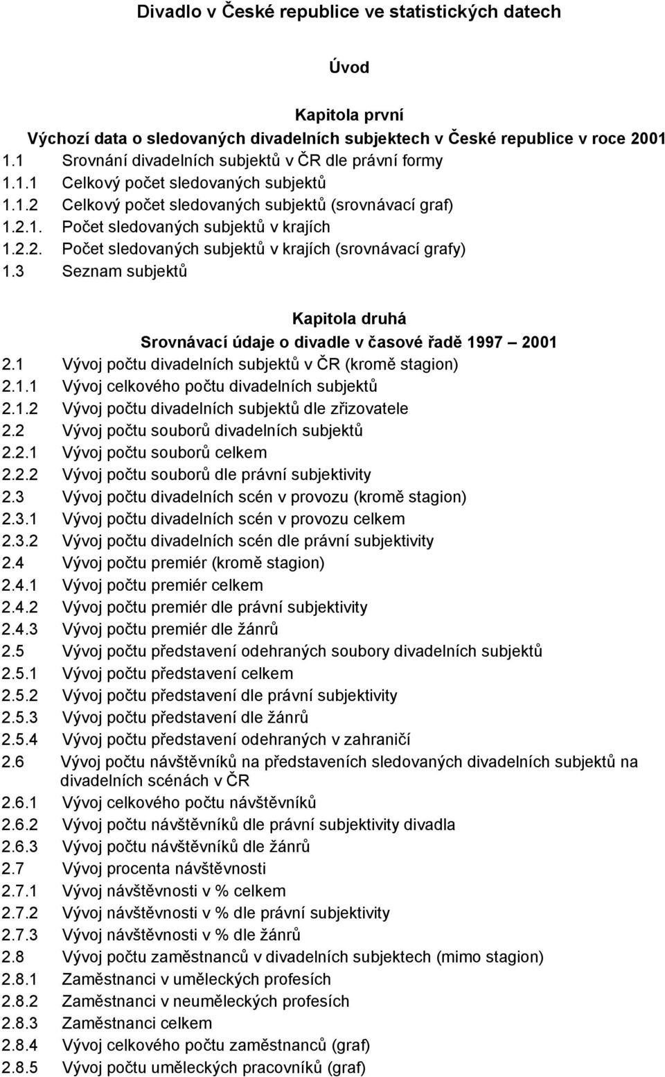 3 Seznam subjekt Kapitola druha Srovna vacıu daje o divadle v casove rad 1997 ů 2001 2.1 Vy voj poc tu ch subjekt v CR (krom stagion) 2.1.1 Vy voj celkove ho poc tu ch subjekt 2.1.2 Vy voj poc tu ch subjekt dle zrizovatele 2.