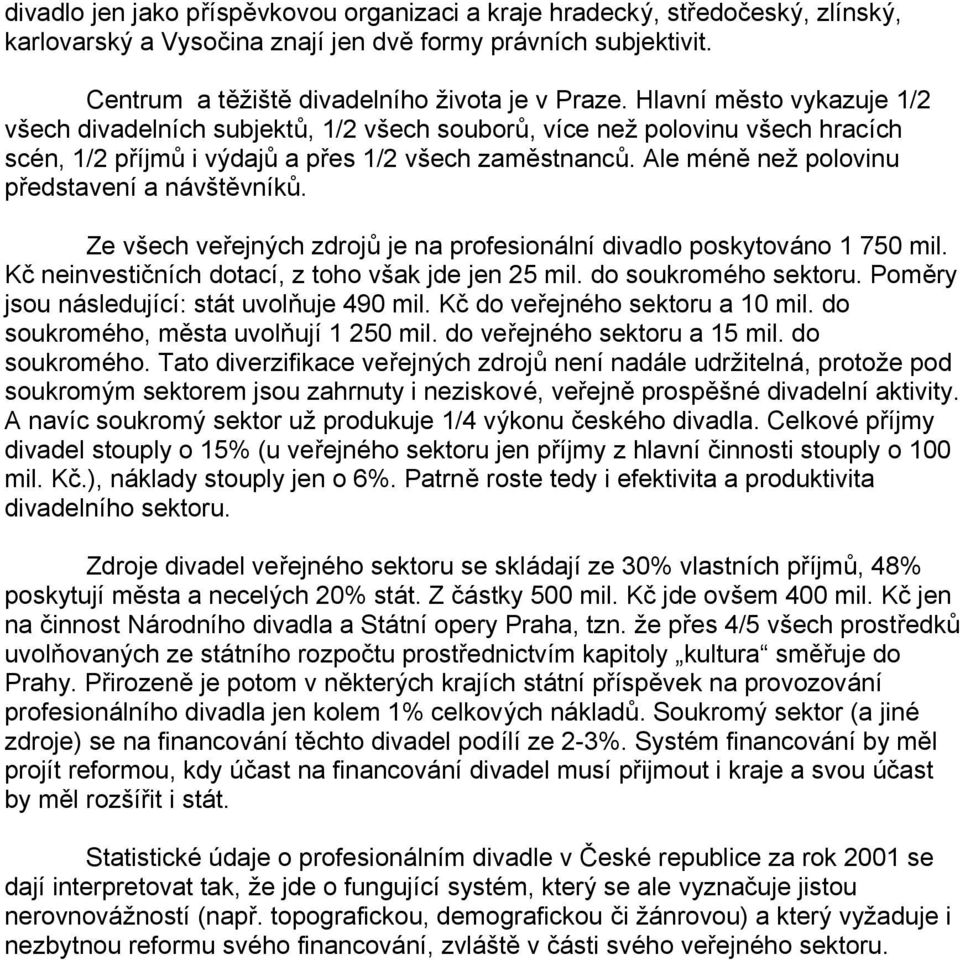 Ze vsech verejny ch zdroj je na profesiona lnıdivadlo poskytova no 1 750 mil. Kc neinvestic nıch dotacı, z toho vsak jde jen 25 mil. do soukrome ho sektoru.