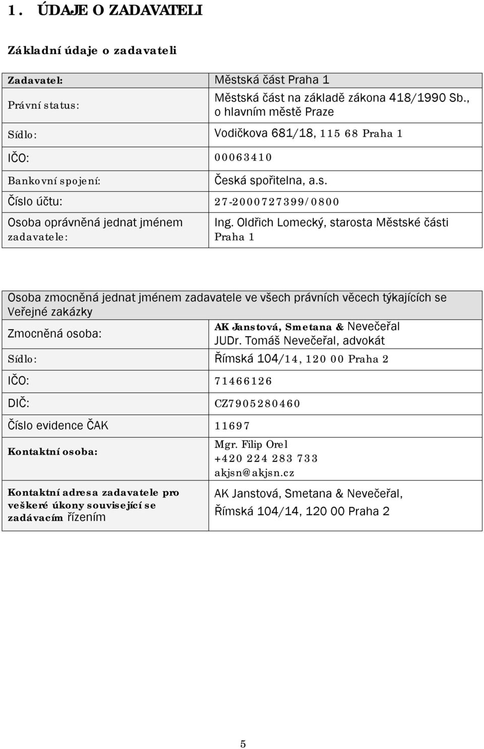 Oldřich Lomecký, starosta Městské části Praha 1 Osoba zmocněná jednat jménem zadavatele ve všech právních věcech týkajících se Veřejné zakázky AK Janstová, Smetana & Nevečeřal Zmocněná osoba: JUDr.