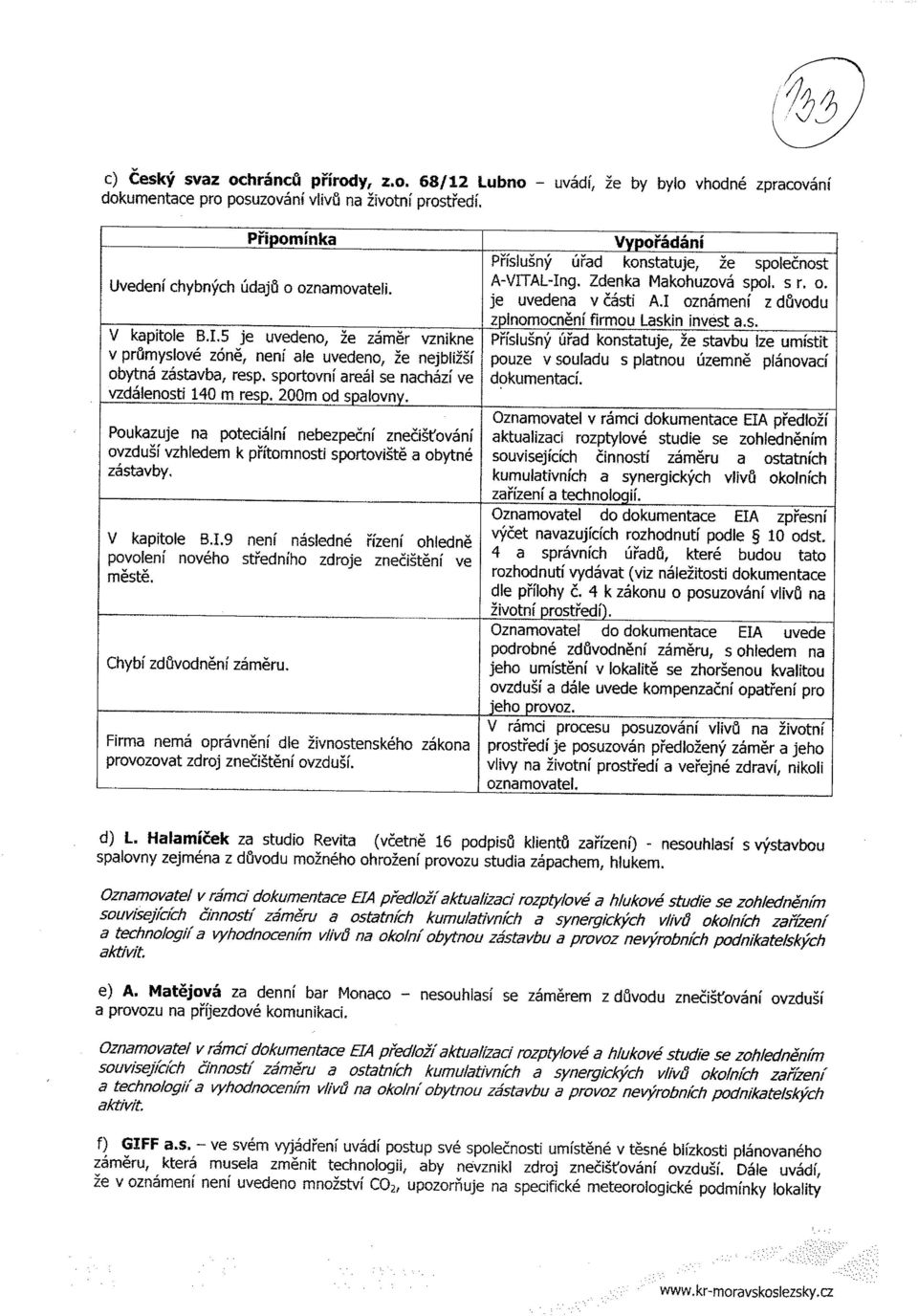 I oznameni z duvodu z lnomocneni firmou Laskin invest as. V kapitole B.I.5 je uvedeno, 2e zamer vznikne Prislusny Grad konstatuje, 2e stavbu lze umistit v prumyslove zone, neni ale uvedeno, 2e nejbii2si pouze v souladu s platnou uzemne planovaci obytna zastavba, resp.