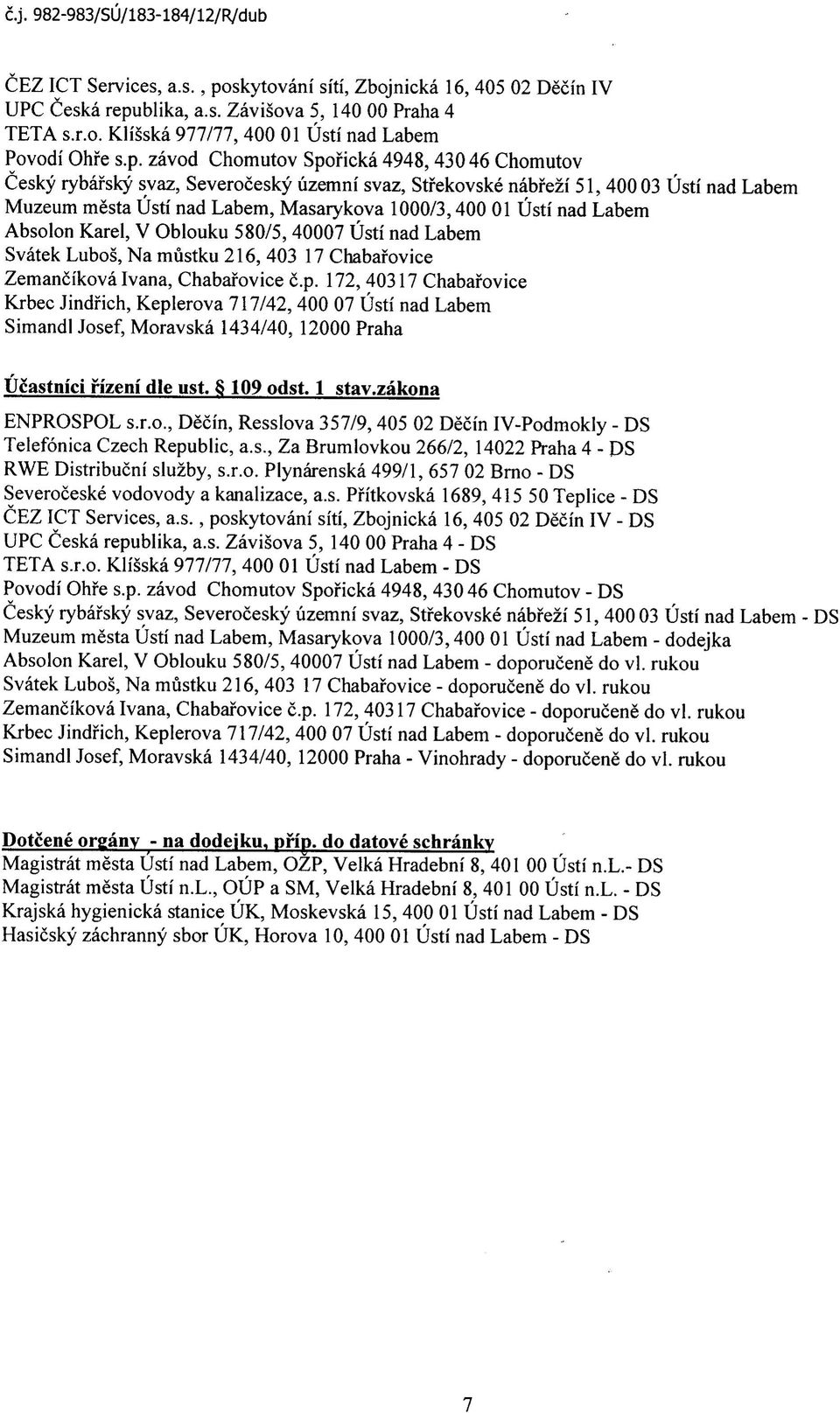 blika, a.s. Zavisova 5, 140 00 Praha 4 TETA s.r.o. Klisska 977/77, 400 01 Usti nad Labem Povodi Ohfe s.p.