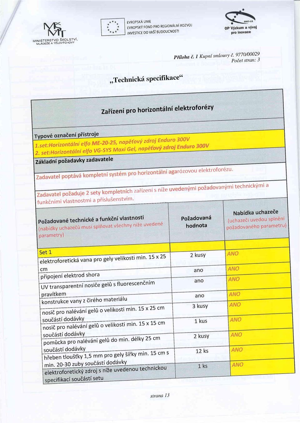 vkyzadavatele 16zovou elektroforezu' funkdnimi vlastnostmi a piislubenstvfm' h zaiizeni s nize PoZadovan6 technick6 a funkini vlastnosti (nabidky uchazedit musi splfiovat viechny niie uveden6