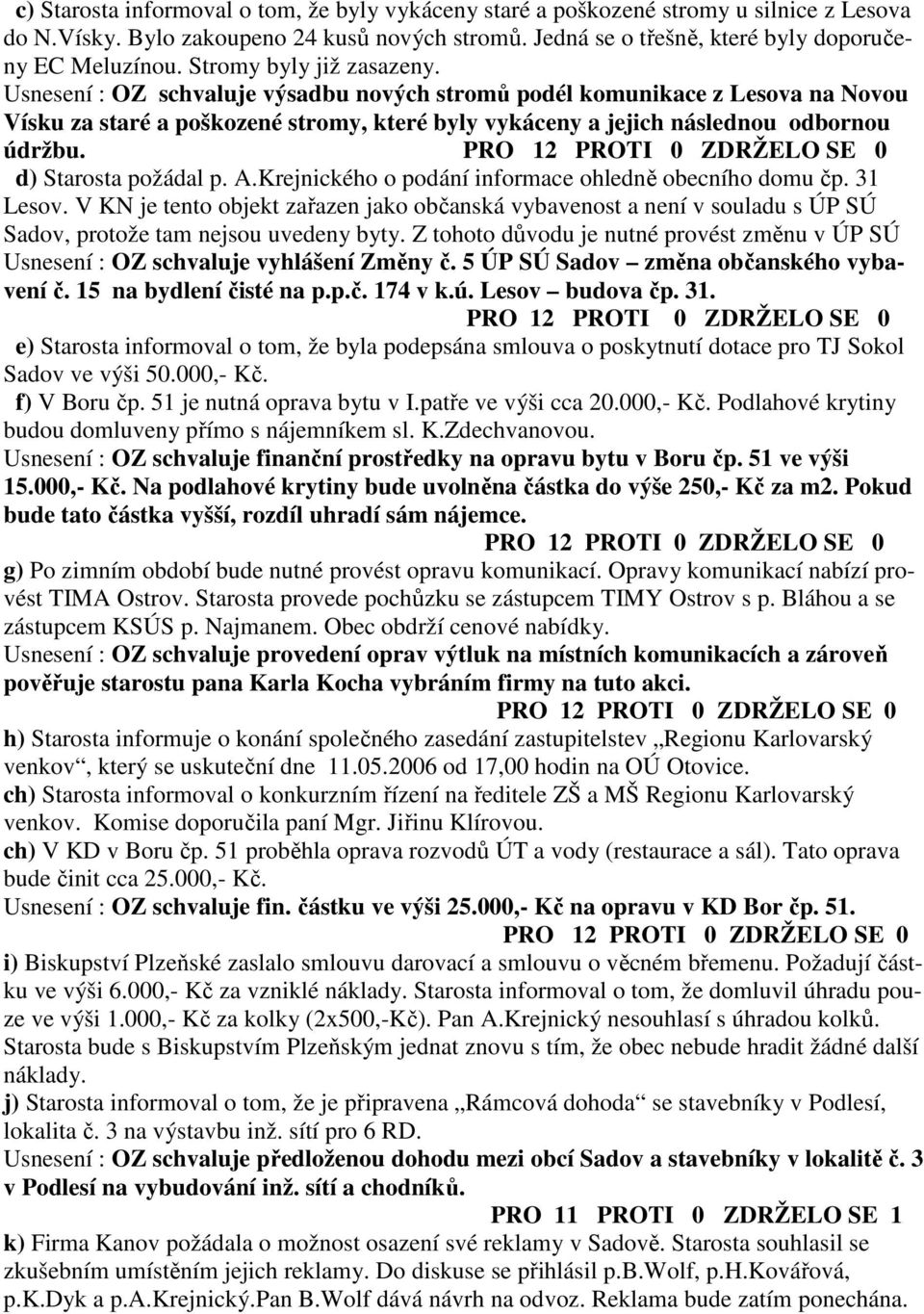d) Starosta požádal p. A.Krejnického o podání informace ohledně obecního domu čp. 31 Lesov.