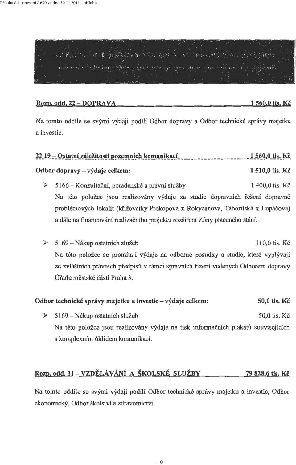 Kč Na této položce jsou realizovány výdaje za studie dopravruch řešení dopravně problémových lokalit (křižovatky Prokopova x Rokycanova, Táboritská x Lupáčova) a dále na financování realizačního