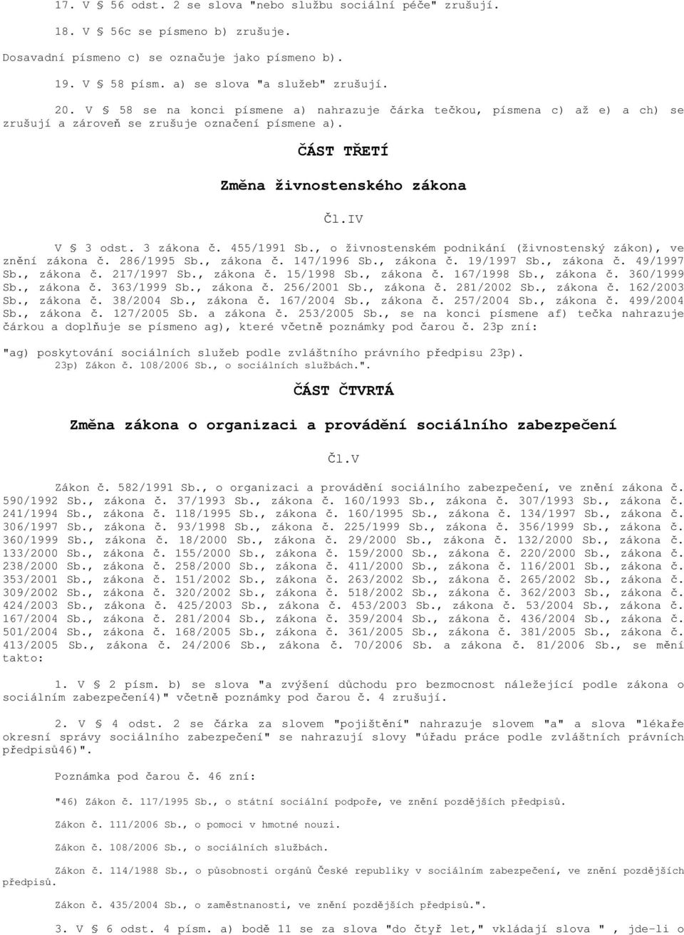 455/1991 Sb., o živnostenském podnikání (živnostenský zákon), ve znění zákona č. 286/1995 Sb., zákona č. 147/1996 Sb., zákona č. 19/1997 Sb., zákona č. 49/1997 Sb., zákona č. 217/1997 Sb., zákona č. 15/1998 Sb.