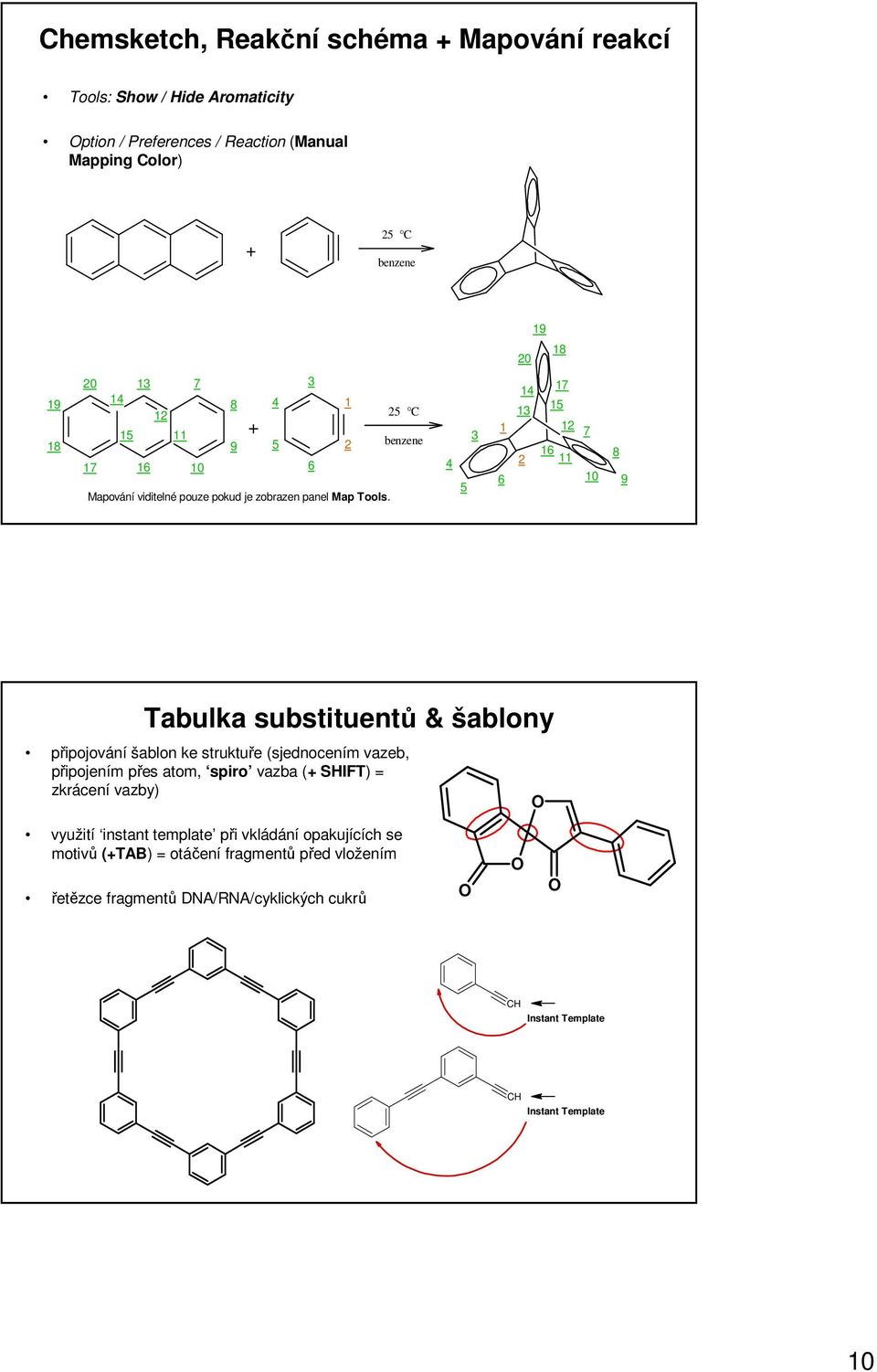 4 5 3 1 6 14 17 13 15 12 7 2 16 11 8 10 9 Tabulka substituentů & šablony připojování šablon ke struktuře (sjednocením vazeb, připojením přes atom, spiro vazba (+