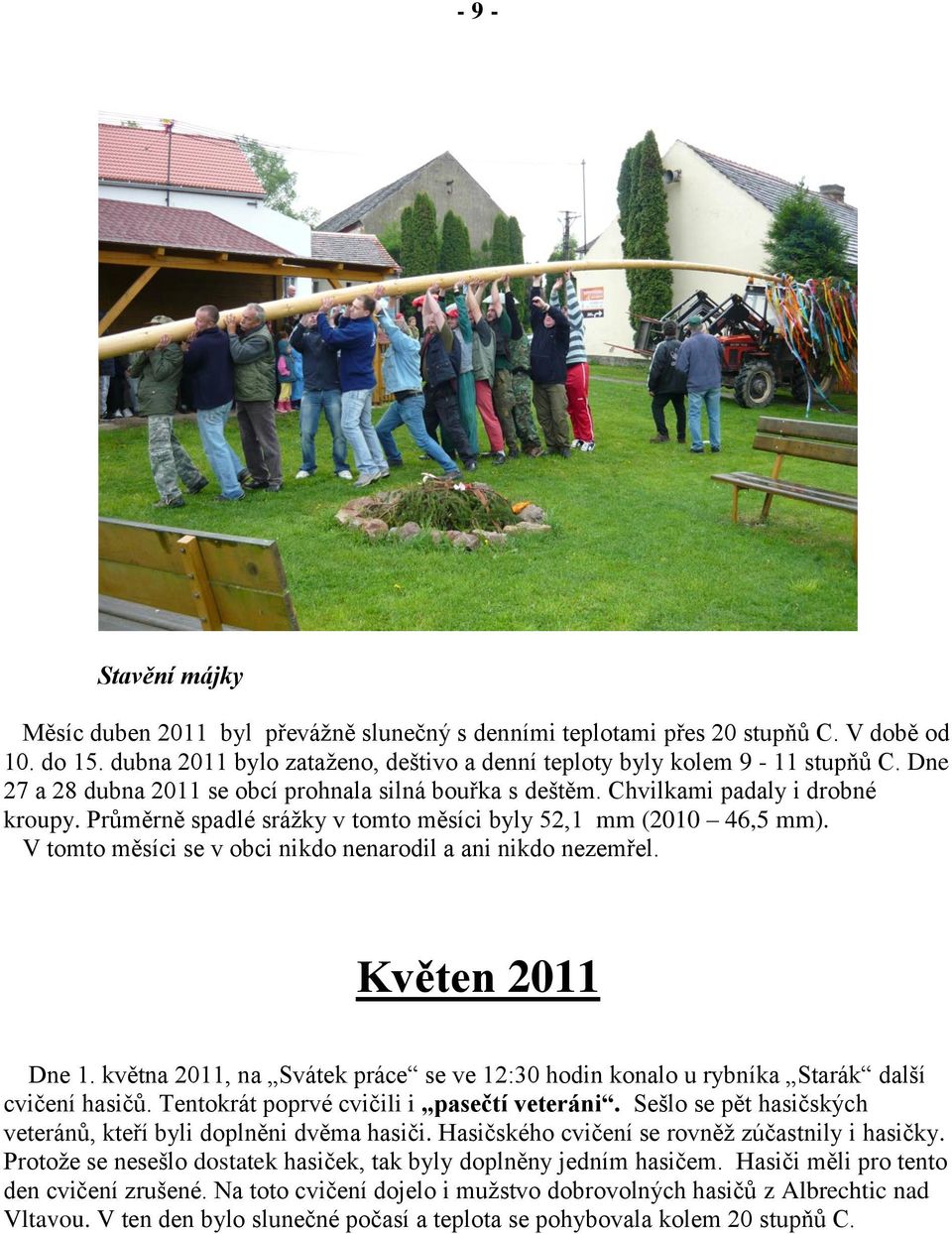 V tomto měsíci se v obci nikdo nenarodil a ani nikdo nezemřel. Květen 2011 Dne 1. května 2011, na Svátek práce se ve 12:30 hodin konalo u rybníka Starák další cvičení hasičů.