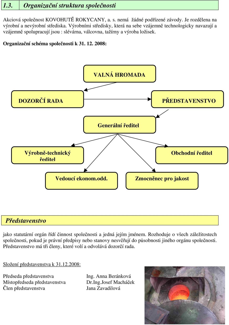 2008: VALNÁ HROMADA DOZORČÍ RADA PŘEDSTAVENSTVO Generální ředitel Výrobně-technický ředitel Obchodní ředitel Vedoucí ekonom.odd.