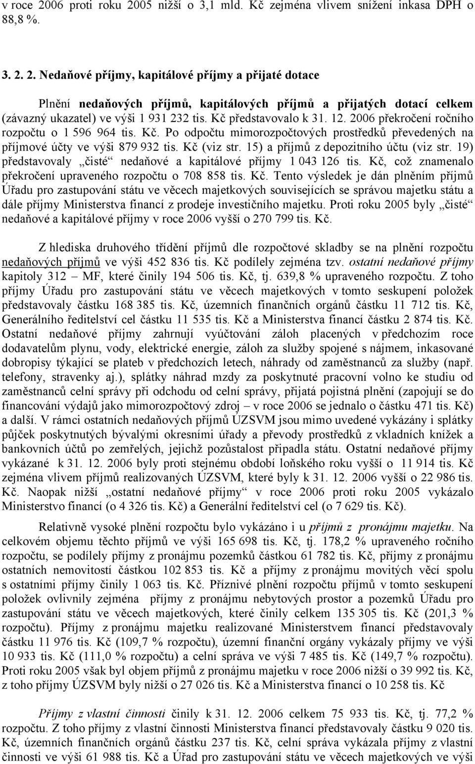 15) a příjmů z depozitního účtu (viz str. 19) představovaly čisté nedaňové a kapitálové příjmy 1 043 126 tis. Kč,