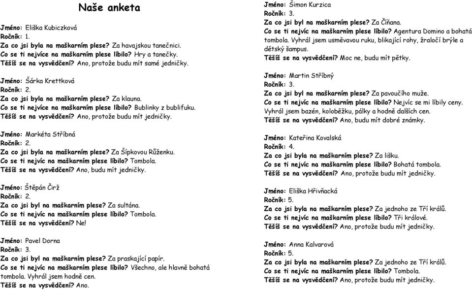 Těšíš se na vysvědčení? Ano, protože budu mít jedničky. Jméno: Markéta Stříbná Ročník: 2. Za co jsi byla na maškarním plese? Za Šípkovou Růženku. Co se ti nejvíc na maškarním plese líbilo? Tombola.