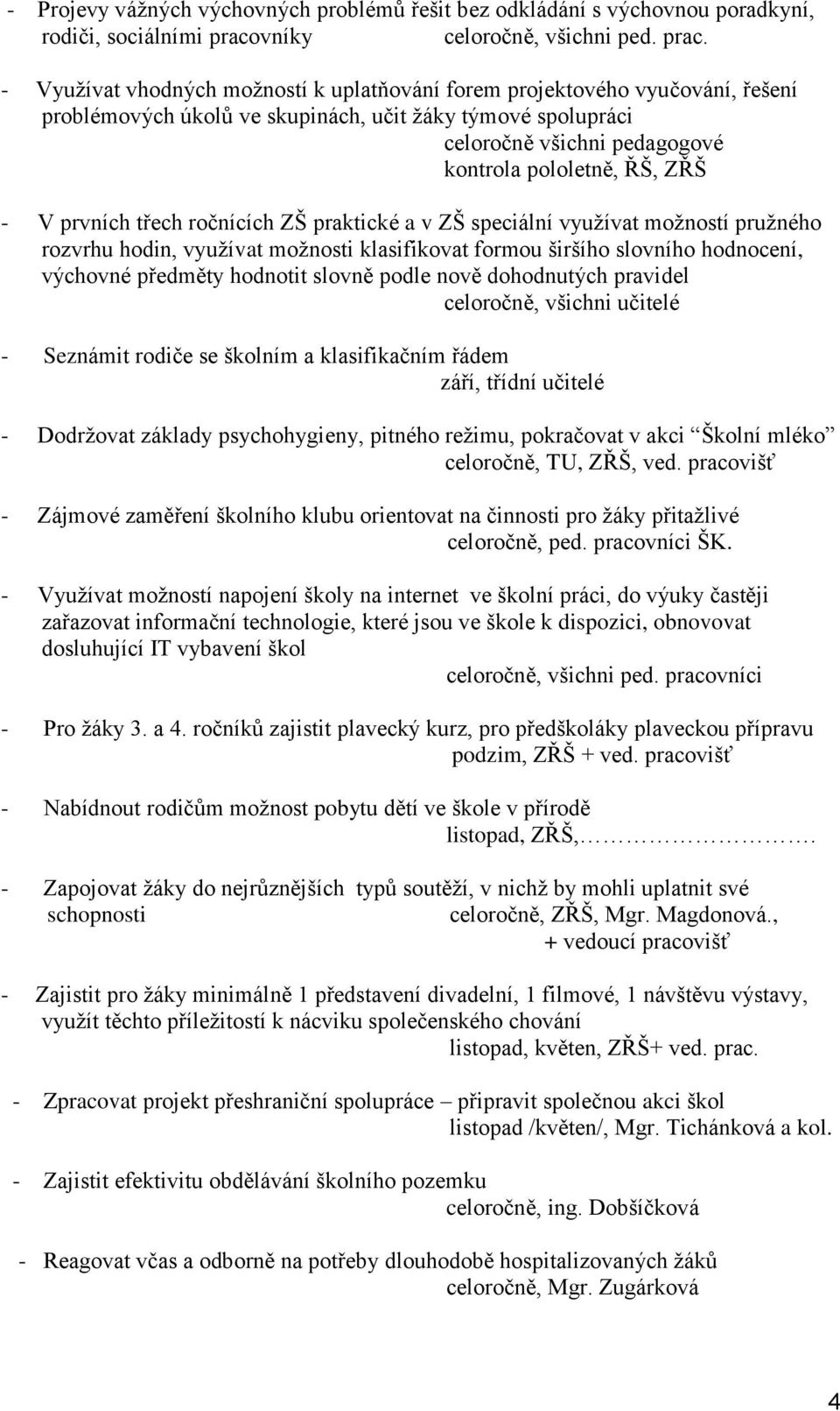 - Využívat vhodných možností k uplatňování forem projektového vyučování, řešení problémových úkolů ve skupinách, učit žáky týmové spolupráci celoročně všichni pedagogové kontrola pololetně, ŘŠ, ZŘŠ -