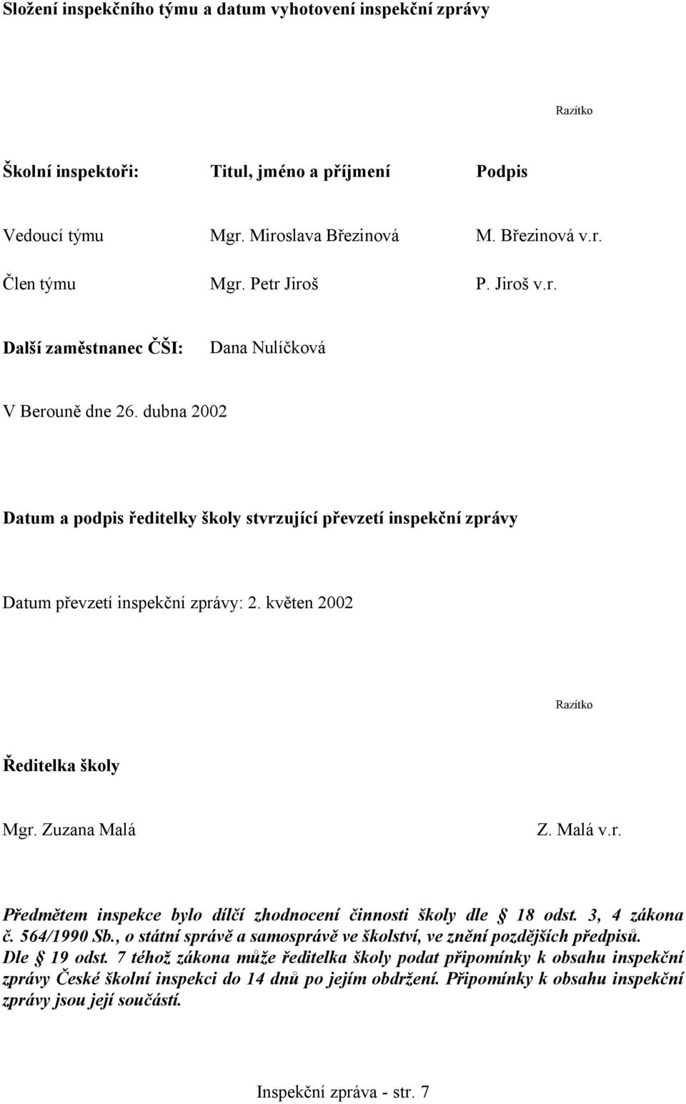 květen 2002 Razítko Ředitelka školy Mgr. Zuzana Malá Z. Malá v.r. Předmětem inspekce bylo dílčí zhodnocení činnosti školy dle 18 odst. 3, 4 zákona č. 564/1990 Sb.