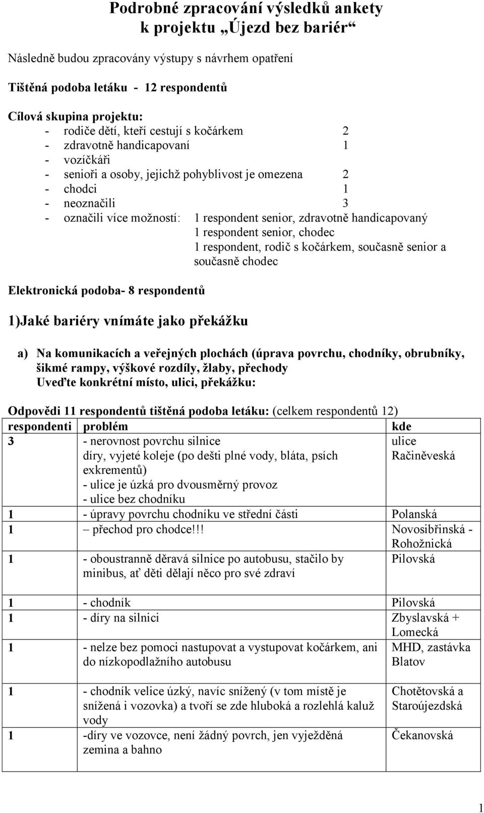 zdravotně handicapovaný 1 respondent senior, chodec 1 respondent, rodič s kočárkem, současně senior a současně chodec Elektronická podoba- 8 respondentů 1)Jaké bariéry vnímáte jako překážku a) Na