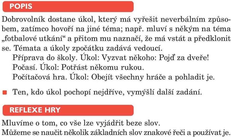 Příprava do školy. Úkol: Vyzvat někoho: Poj za dveře! Počasí. Úkol: Potřást někomu rukou. Počítačová hra.