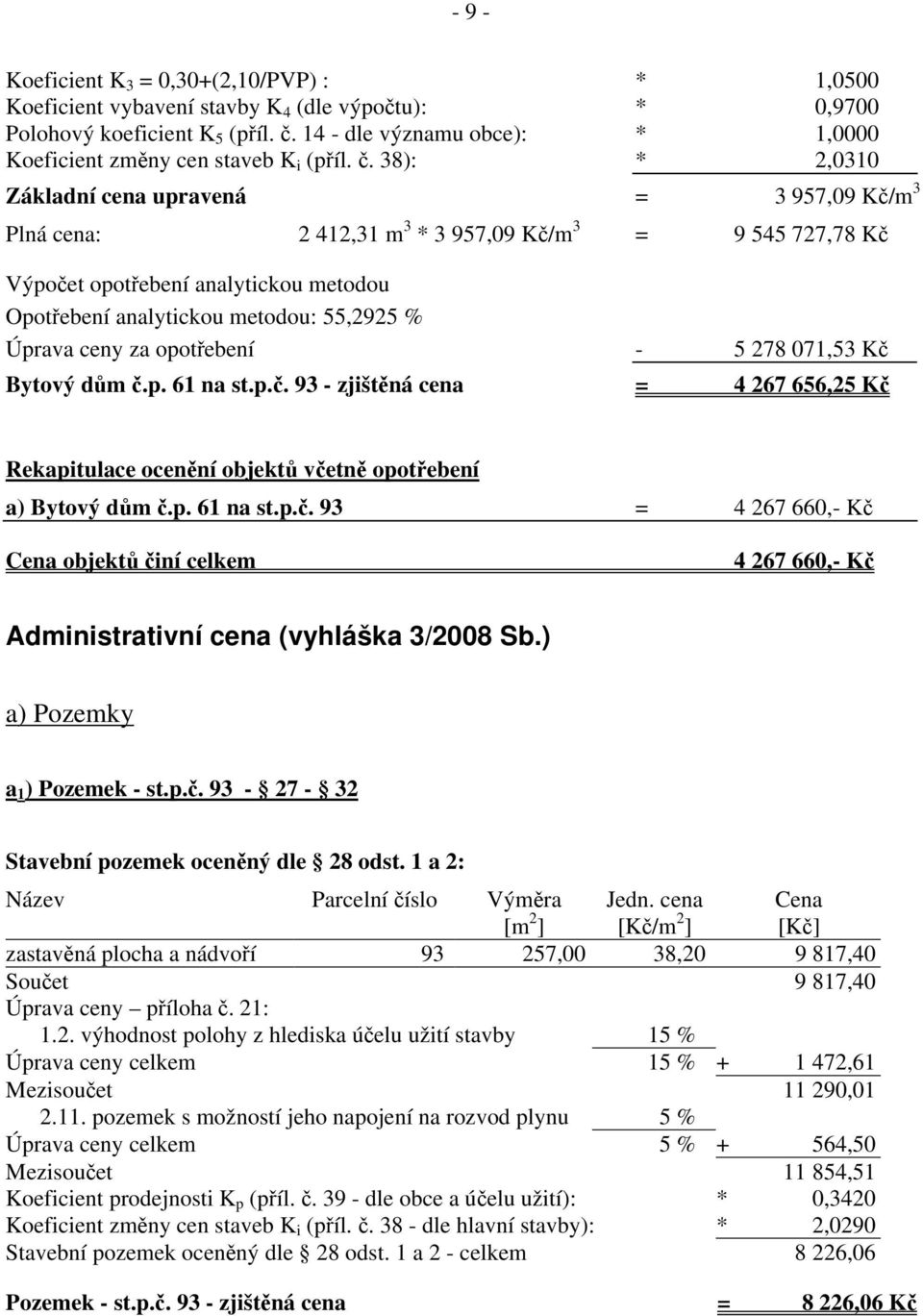 38): * 2,0310 Základní cena upravená = 3 957,09 Kč/m 3 Plná cena: 2 412,31 m 3 * 3 957,09 Kč/m 3 = 9 545 727,78 Kč Výpočet opotřebení analytickou metodou Opotřebení analytickou metodou: 55,2925 %