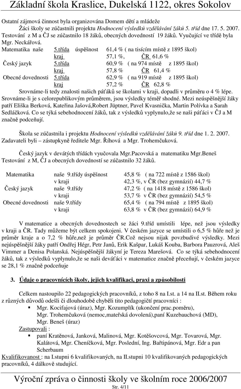třída úspěšnost 61,4 % ( na tisícím místě z 1895 škol) kraj 57,1 %, ČR 61,6 % Český jazyk 5.třída 60,9 % ( na 974 místě z 1895 škol) kraj 57,8 % ČR 61,4 % Obecné dovednosti 5.