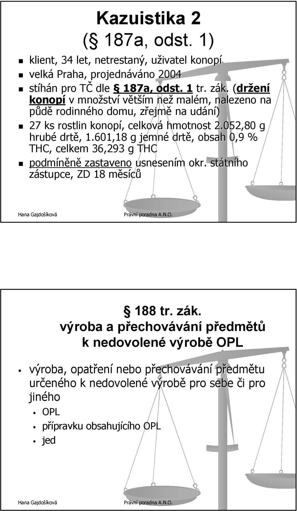 052,80 g hrubé drtě,, 1.601,18 g jemné drtě,, obsah 0,9 % THC, celkem 36,293 g THC podmíněně zastaveno usnesením m okr. státn tního zástupce, ZD 18 měsícům 188 tr. zák.