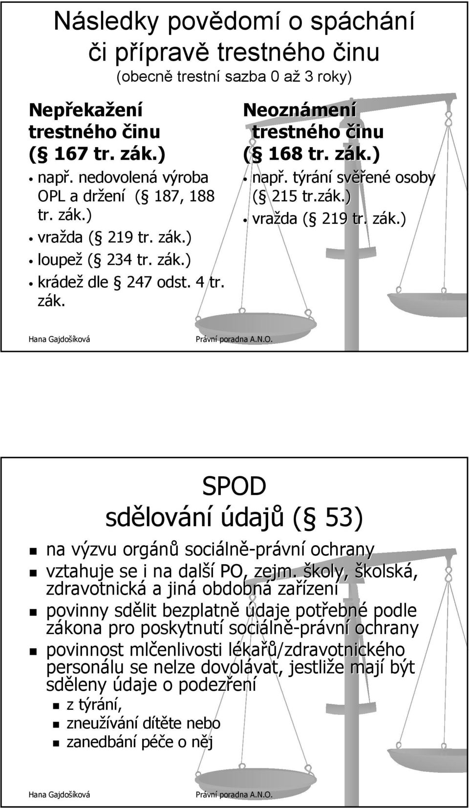 . týrání svěř ěřené osoby ( 215 tr.zák.) vražda ( ( 219 tr. zák.) z SPOD sdělov lování údajů ( 53) na výzvu orgánů sociáln lně-právní ochrany vztahuje se i na další PO, zejm.