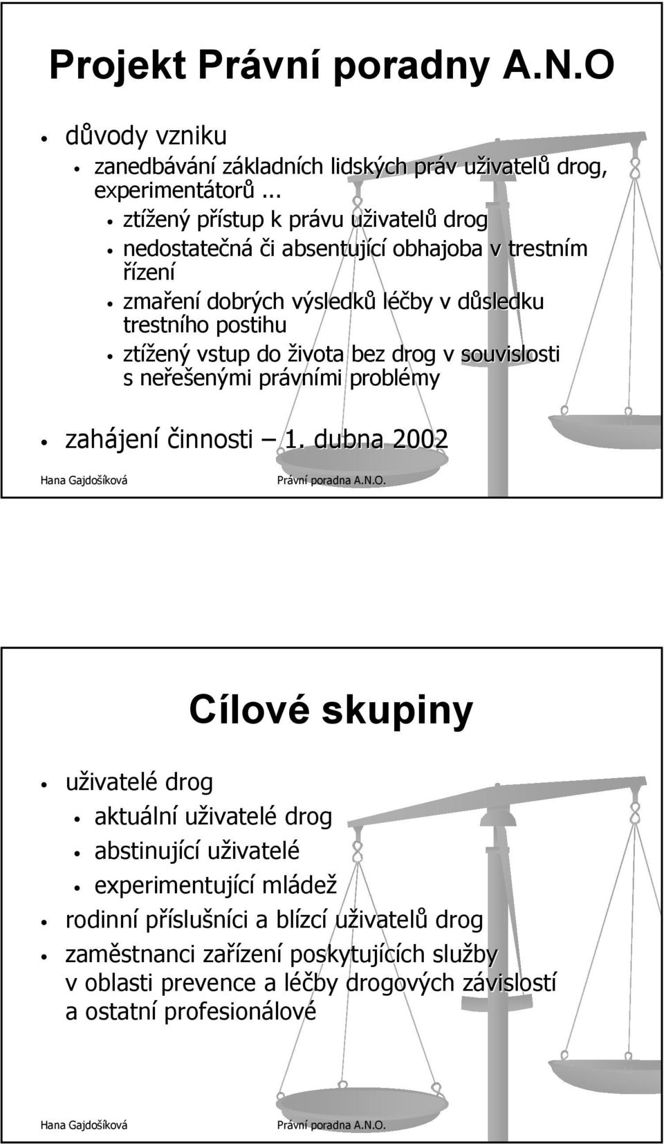 ztížený vstup do života bez drog v souvislosti s neřešenými enými právn vními problémy zahájen jení činnosti 1.