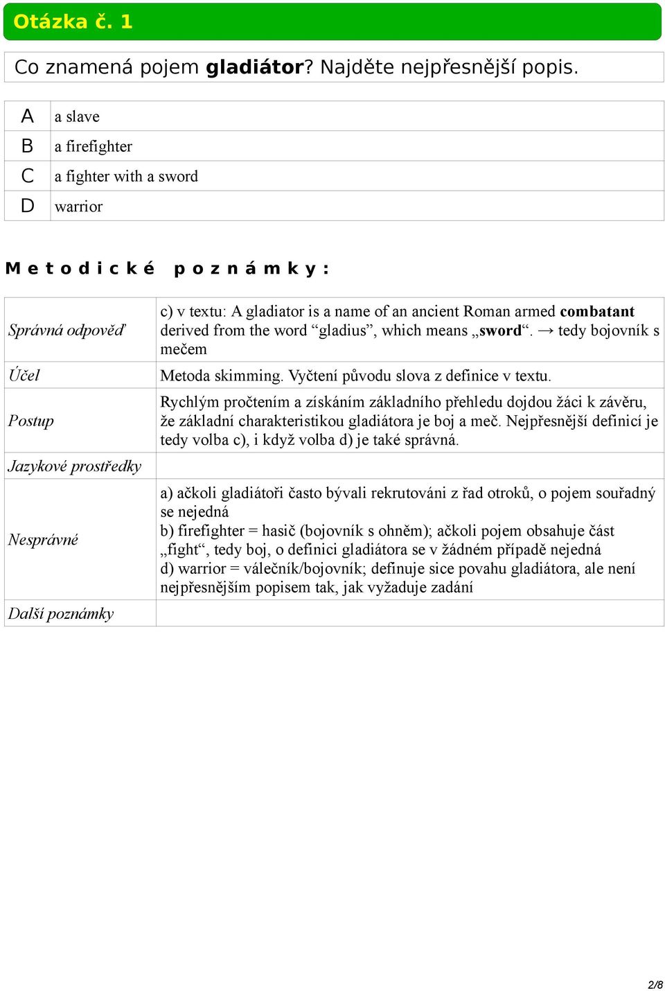 tedy bojovník s mečem Metoda skimming. Vyčtení původu slova z definice v textu.