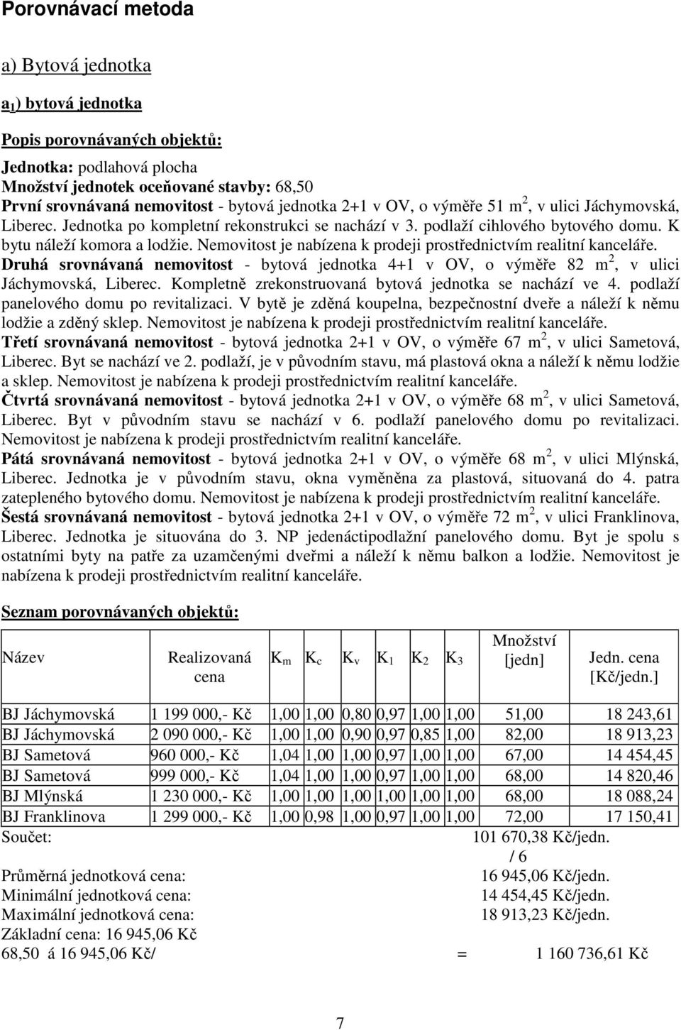 Nemovitost je nabízena k prodeji prostřednictvím realitní kanceláře. Druhá srovnávaná nemovitost - bytová jednotka 4+1 v OV, o výměře 82 m 2, v ulici Jáchymovská, Liberec.