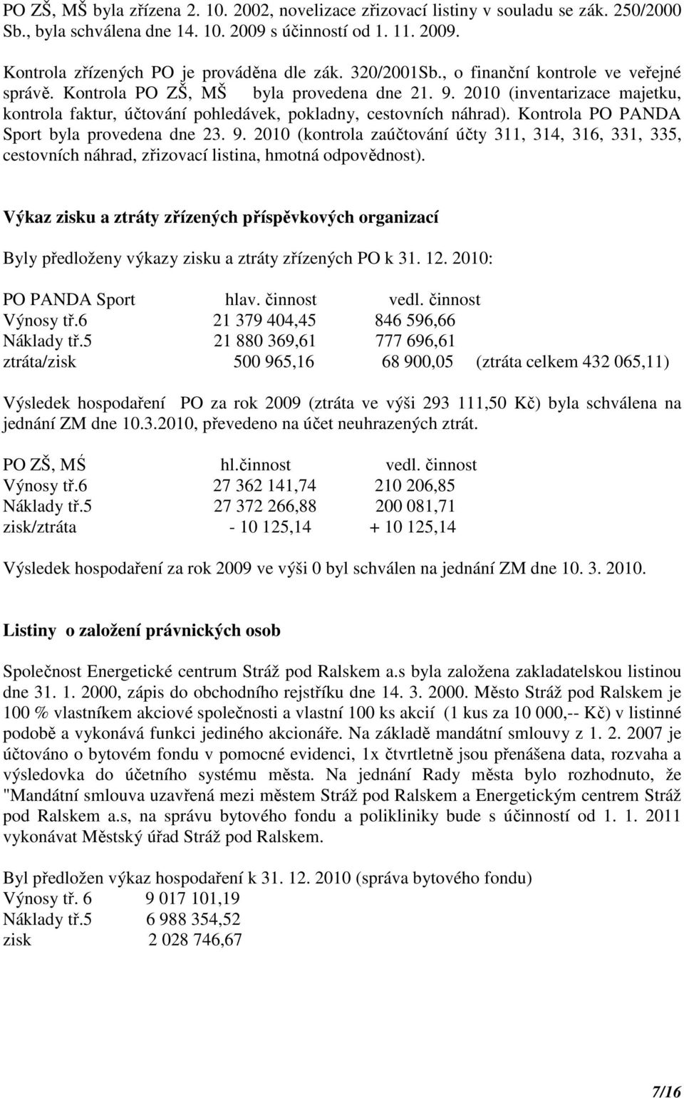Kontrola PO PANDA Sport byla provedena dne 23. 9. 2010 (kontrola zaúčtování účty 311, 314, 316, 331, 335, cestovních náhrad, zřizovací listina, hmotná odpovědnost).