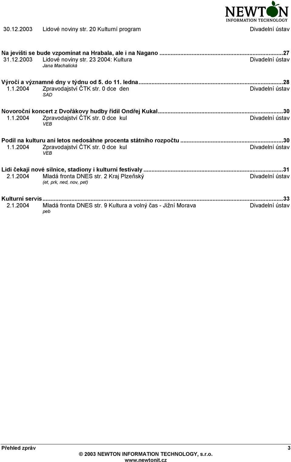 ..30 1.1.2004 Zpravodajství ČTK str. 0 dce kul Divadelní ústav VEB Lidi čekají nové silnice, stadiony i kulturní festivaly...31 2.1.2004 Mladá fronta DNES str.