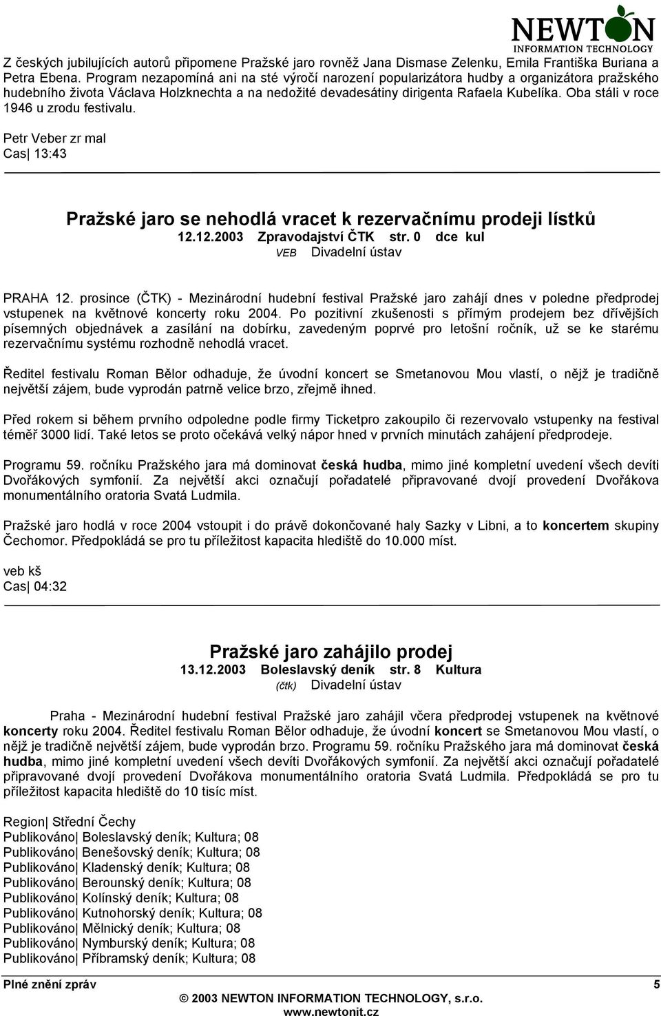 Oba stáli v roce 1946 u zrodu festivalu. Petr Veber zr mal Cas 13:43 Pražské jaro se nehodlá vracet k rezervačnímu prodeji lístků 12.12.2003 Zpravodajství ČTK str.