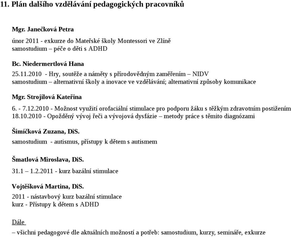 samostudium - autismus, přístupy k dětem s autismem Šmatlová Miroslava, DiS. 31.1 1.2.2011 - kurz bazální stimulace Vojtěšková Martina, DiS.