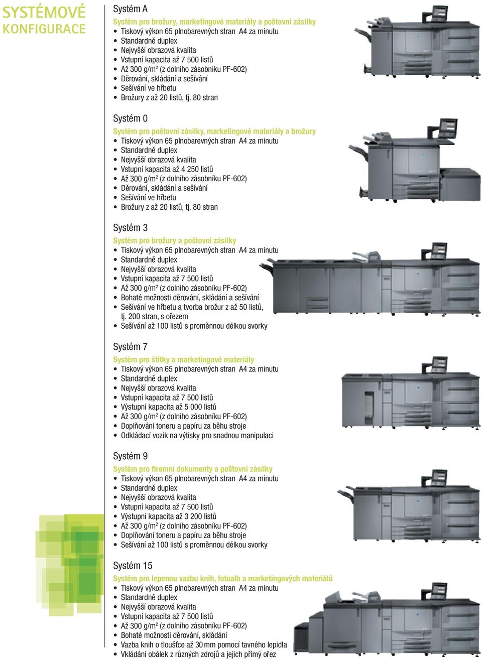 80 stran Systém 0 Systém pro poštovní zásilky, marketingové materiály a brožury Tiskový výkon 65 plnobarevných stran A4 za minutu Standardně duplex Nejvyšší obrazová kvalita Vstupní kapacita až 4 250