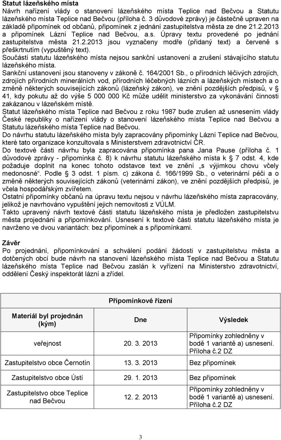 2.2013 jsou vyznačeny modře (přidaný text) a červeně s přeškrtnutím (vypuštěný text). Součástí statutu lázeňského místa nejsou sankční ustanovení a zrušení stávajícího statutu lázeňského místa.