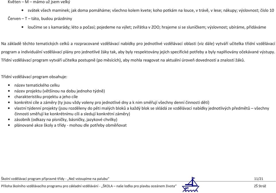 jednotlivé vzdělávací oblasti (viz dále) vytváří učitelka třídní vzdělávací program a individuální vzdělávací plány pro jednotlivé žáky tak, aby byly respektovány jejich specifické potřeby a byly