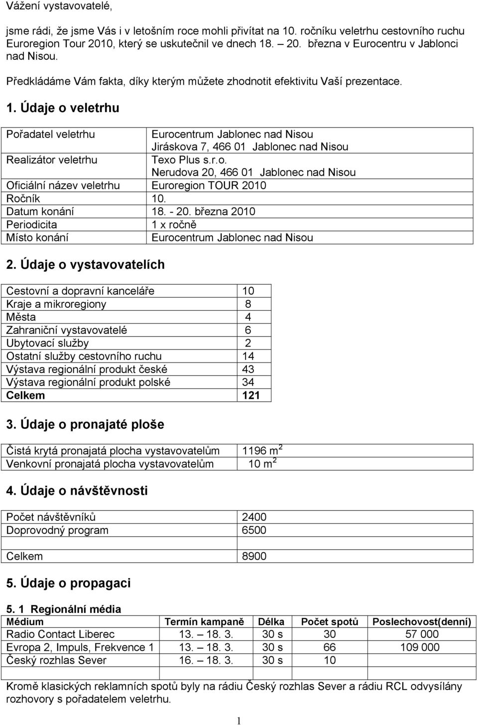 Údaje o veletrhu Pořadatel veletrhu Eurocentrum Jablonec nad Nisou Jiráskova 7, 466 01 Jablonec nad Nisou Realizátor veletrhu Texo Plus s.r.o. Nerudova 20, 466 01 Jablonec nad Nisou Oficiální název veletrhu Euroregion TOUR 2010 Ročník 10.